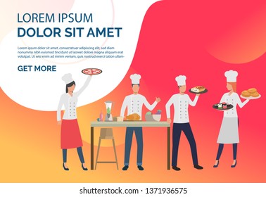 Cooks with dishes in restaurant kitchen with sample text. Dinner, cuisine, food concept. Vector illustration can be used for topics like catering, culinary, cooking