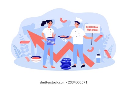 Cooks fighting against high prices on pasta vector illustration. Drawing of male chef holding placard with no selection, high prices text, cost increase of food. Inflation, food, strike concept