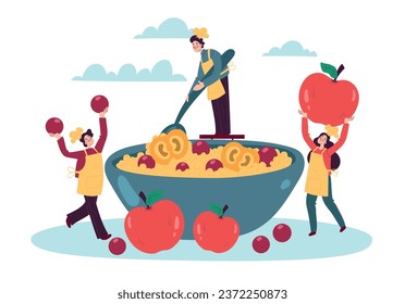 Cooks make oatmeal with fruit. Tiny people with big bowl. Men hold spoon, woman with apples. Traditional morning food cooking. Healthy breakfast from cereal. Vector cartoon flat isolated concept