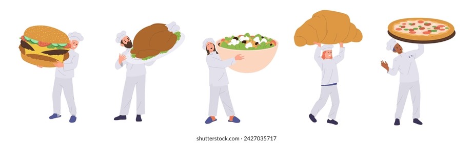 Cooks master chef cartoon character wearing uniform holding giant fast food and restaurant dish set