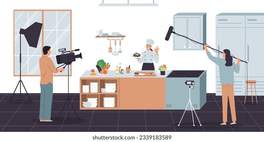 Cooks online composition with indoor scenery of big kitchen with starring female cook and shooting crew vector illustration