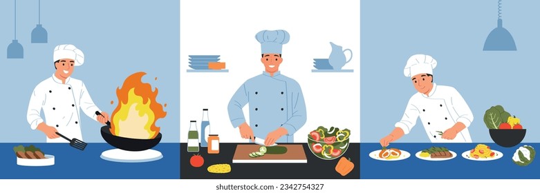 Cocinas elaboradas con tres composiciones cuadradas de chefs profesionales que cortan ollas de verduras y decoran las comidas ilustraciones vectoriales