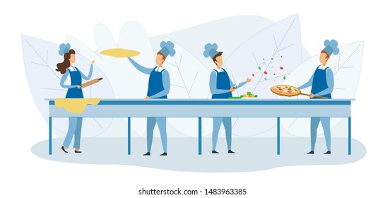 Cooks Team Preparing Pizza Together Illustration. Cartoon Chef Characters Kneading Dough with Rolling Pin, Cutting Vegetables with Knife, Baking Fresh Fast Food Snack. Vector Flat Illustration