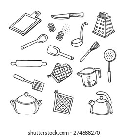 Cook's tools hand-drawn white and black vector icons set