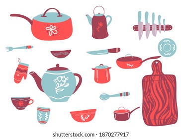 Cook's tools and items set. Hand drawn design elements. Vector illustration with items for cooking. knife, plates, pan, cup, kettle, spoon, cutting board, frying pan. on white