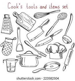 Cook's tools and items set. Hand-drawn design elements. Vector illustration with items for cooking.