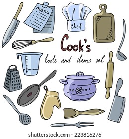 Cook's tools and items set. Hand-drawn design elements. Vector illustration with items for cooking. 