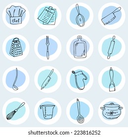 Cook's tools and items set. Round icon with items for cooking. 