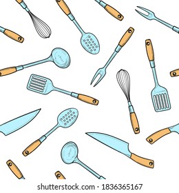 Cook's tools set isolated on white background. seamless vector pattern