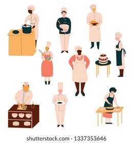 Cooks in Uniform Preparing and Serving Dishes Set, Chefs Cooking in Restaurant Kitchen Vector Illustration