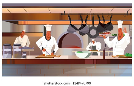 Cooks working at restaurant kitchen vector illustration. Busy chefs in uniform cooking dishes. Restaurant staff concept