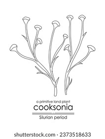 Cooksonia, a Silurian period primitive land plant, black and white line art illustration. Ideal for both coloring and educational purposes