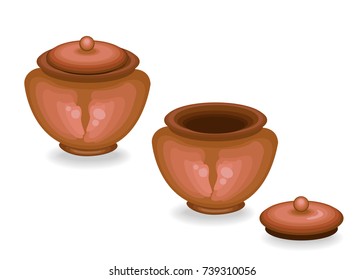 Cookware. Clay pot covered with a lid and with an open lid. Need for an au pair in the kitchen for cooking. Vector illustration.