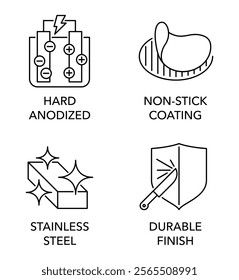 Cookware coating properties icons set - Hard anodized, Non-stick, Stainless steel, Durable finish. Pictograms for dishware labeling, in thin line