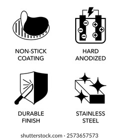 Cookware coating properties icons set - Hard anodized, Non-stick, Stainless steel, Durable finish. Pictograms for dishware labeling, in monochrome style