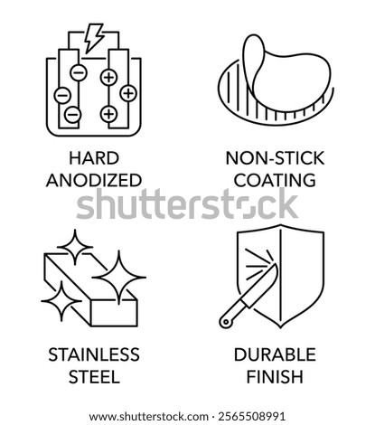 Cookware coating properties icons set - Hard anodized, Non-stick, Stainless steel, Durable finish. Pictograms for dishware labeling, in thin line