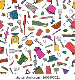  Cookware, cooking tools, spices. Cartoon color vector seamless pattern on a white background.