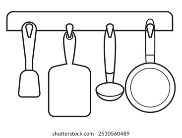 Iustración de colgador de utensilios de cocina en formato de contorno y Vector.