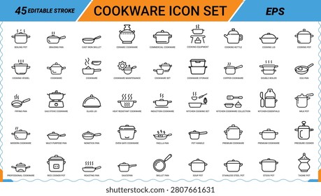 Cookware icon set thin line. contains pot, pan, kettle, vessel, skillet, wok, sauce, griddle.