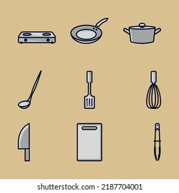 Cookware icons set vector illustration in gray line and color, isolated on brown background.