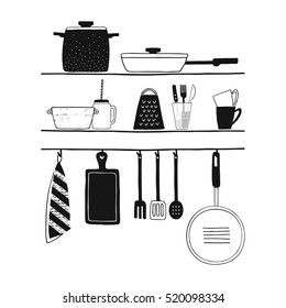 Cookware isolated vector set. Hand drawn kitchenware icons. Kitchen interior design concept. Black and white cooking utensils, kitchen utensils collection. Vector illustration on white background