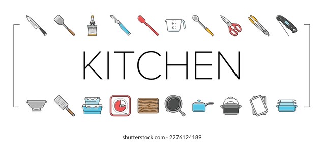 cookware kitchen cooking food icons set vector. kitchenware home, equipment interior, pot design, modern cook, clean utensil, pan cookware kitchen cooking food color line illustrations
