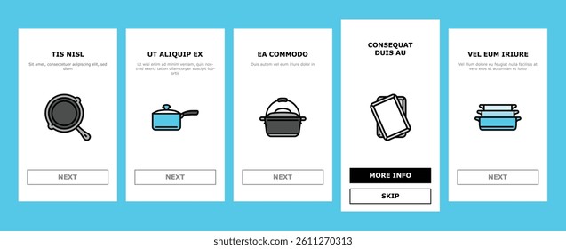 cookware kitchen cooking food onboarding mobile vector. kitchenware home, equipment interior, pot design, modern cook, clean utensil, pan cookware kitchen cooking food Illustration