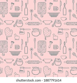 Cookware kitchen pink seamless pattern, line cartoon style. Baking icons tools doodle dishes, equipments. Potholder board, tea honey, mug knife texture, wallpaper. Vector illustration