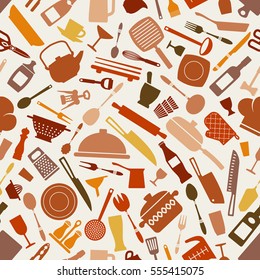 cookware kitchen seamless pattern in brown shades. vector illustration - eps 8
