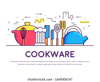 Cookware kitchen table for cooking in house. Vector outline illustration. On flat in thin lines style design. Background concept.