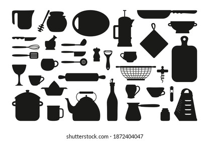 Cookware kitchen tools black silhouette set. Baking tools cartoon dishes, equipments. Hand drawn kitchen utensils flat style, black collection. Food preparation. Vector illustration on white