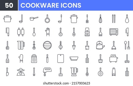 Cookware and Kitchen Utensil vector line icon set. Contains linear outline icons like Pan, Oven, Grill, Frypan, Stir, Knife, Kettle, Saucepan, Fork, Chopstick, Spoon. Editable use and stroke.