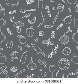 Cookware. Kitchen utensils. Food, fruits, vegetables and spices. Cooking. Hand-drawn seamless pattern. Pattern are not cropped and can be edited.  All elements are  hidden under mask