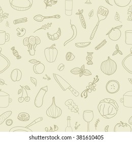 Cookware. Kitchen utensils. Food, fruits, vegetables and spices. Cooking. Hand-drawn seamless pattern. Pattern are not cropped and can be edited.  All elements are  hidden under mask