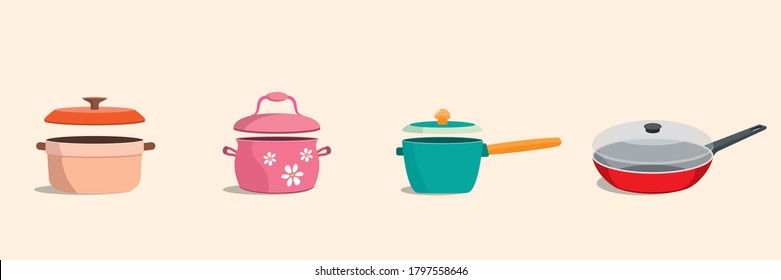 Cookware kitchen utensils with lids set. Colorful frying pan, pot, stockpot. Vector illustration - Shutterstock ID 1797558646