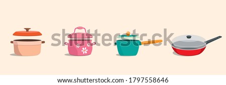 Cookware kitchen utensils with lids set. Colorful frying pan, pot, stockpot. Vector illustration