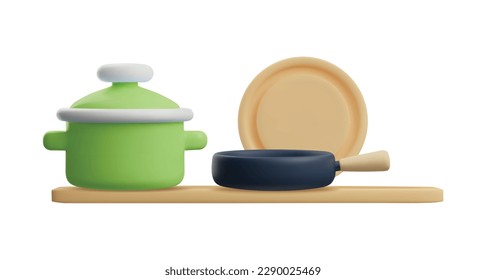 Artículos de cocina y utensilios de cocina en estante 3D ilustraciones vectoriales realistas aisladas en fondo blanco. Saucepan y sartén frito sobre una repisa de madera o tabla de cortar.