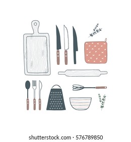 Cookware, kitchenware, cutlery set. Wooden cutting board, knife, whisk, bowl, grater, pot holder, rolling pin, fork, spoon collection. Hand drawn kitchen utensils. Vector illustration. Isolated