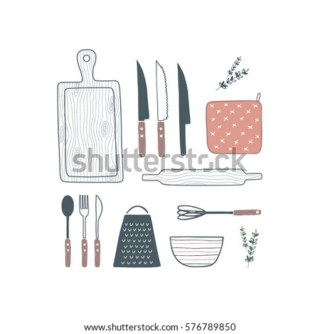 Cookware, kitchenware, cutlery set. Wooden cutting board, knife, whisk, bowl, grater, pot holder, rolling pin, fork, spoon collection. Hand drawn kitchen utensils. Vector illustration. Isolated