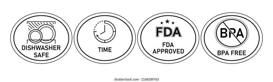 Cookware labeling icons. Dishwasher safe, time, FDA approved, BPA free. To designate a surface, coating. Vector illustration isolated on white background, black and white line