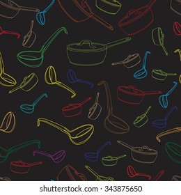 Cookware - ladle, stewpot. Simple seamless dishware background pattern. Vector illustration.