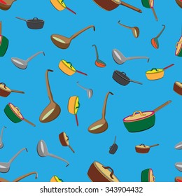 Cookware - ladle, stewpot. Simple seamless dishware background pattern. Vector illustration