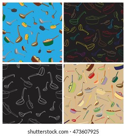 Cookware - ladle, stewpot, spoon.Set of dishware background pattern.