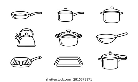 Cookware line icon set with kettle stock pot frying pan teapot food container and wok vector illustration
Minimal line icon collection of cookware pieces including a kettle, stock pot, frying pan, teapot, storage container and wok. Suitable for kitchenware catalogs, cooking apps and home appliance branding.