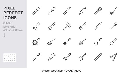 Cookware line icon set. Kitchen equipment - fork, knife, spoon, hammer, ladle, corkscrew minimal vector illustration. Simple outline sign of cooking utensils. 30x30 Pixel Perfect. Editable Stroke.