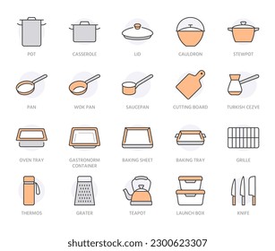 Cookware line icon set. Kitchen equipment - cooker pan pot, frying griddle, lid, knife grater minimal vector illustration. Simple outline sign of cooking utensils. Orange color. Editable Stroke