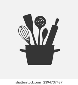 Cookware on the pan. Kitchen tools. Vector