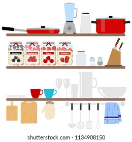 Cookware placed on shelves. A large set of kitchen items. Flat design, vector illustration, vector.