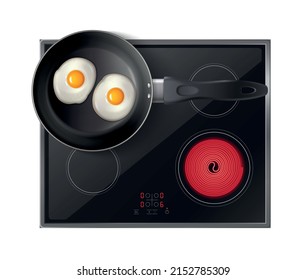 Cookware realistic top view composition with frying pan with two fried eggs on induction cooker vector illustration