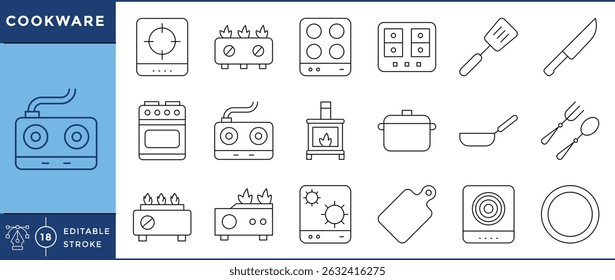 Cookware related 18 line icons set. Cooking utensils. Vector editable stroke.